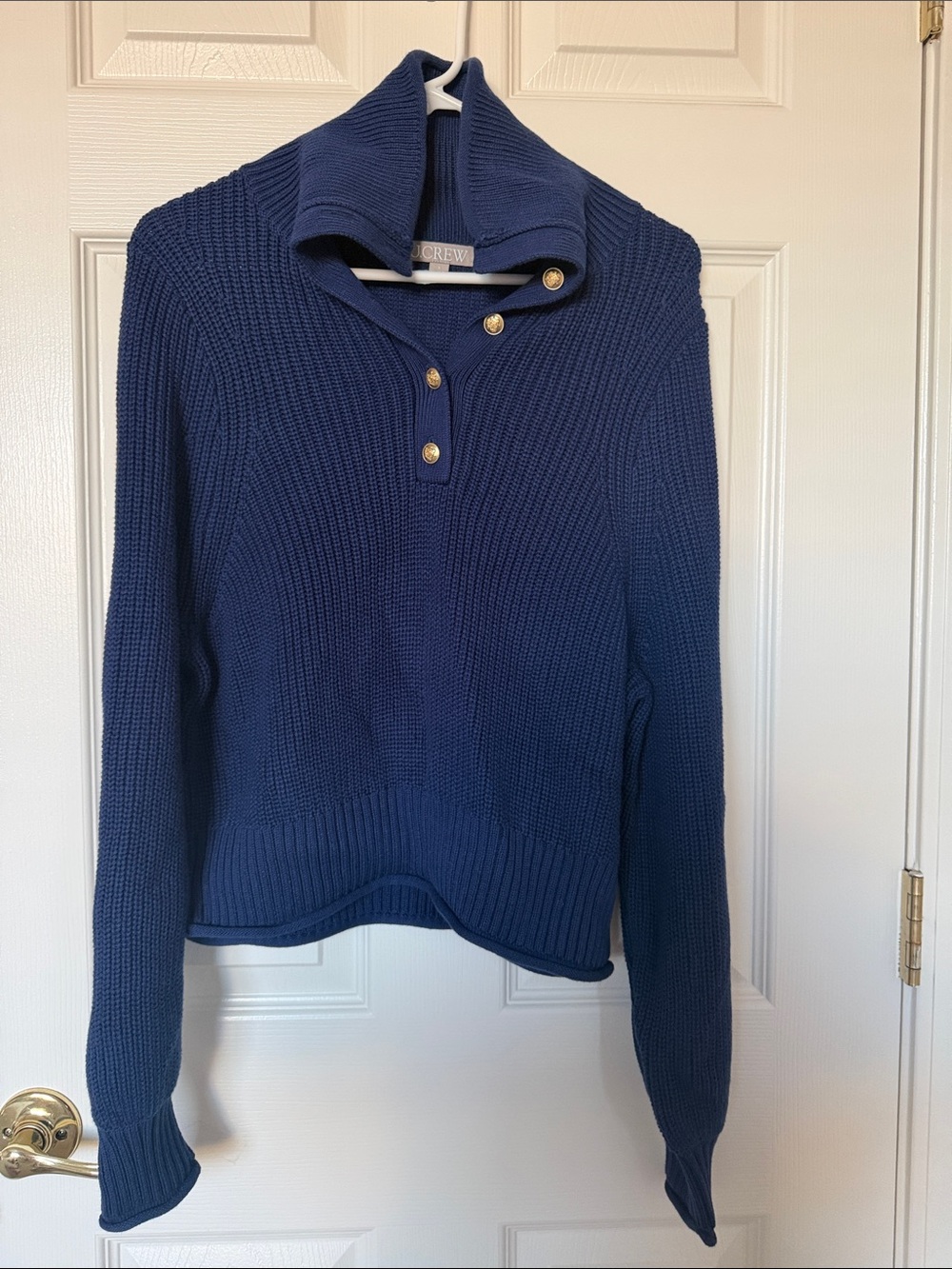 J. Crew Navy Ribbed Button-Front Cotton Turtleneck Sweater